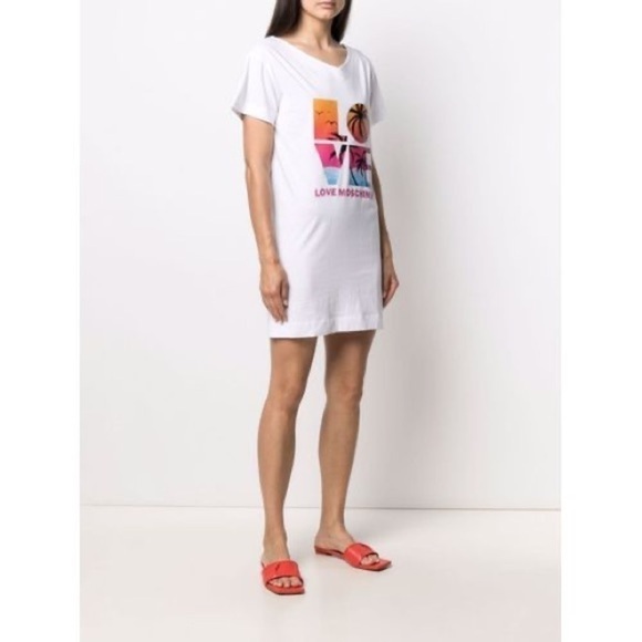 LOVE MOSCHINO White Cotton Palm Tree Print Crewneck T-Shirt Dress US 4 - Picture 2 of 15